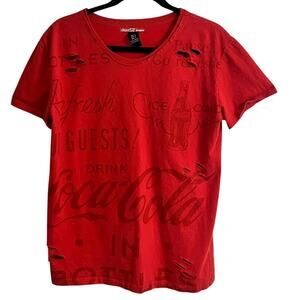 Y2K Coca Cola Jeans Logo Cut Out Distressed Red T Shirt Short Sleeve  Size S